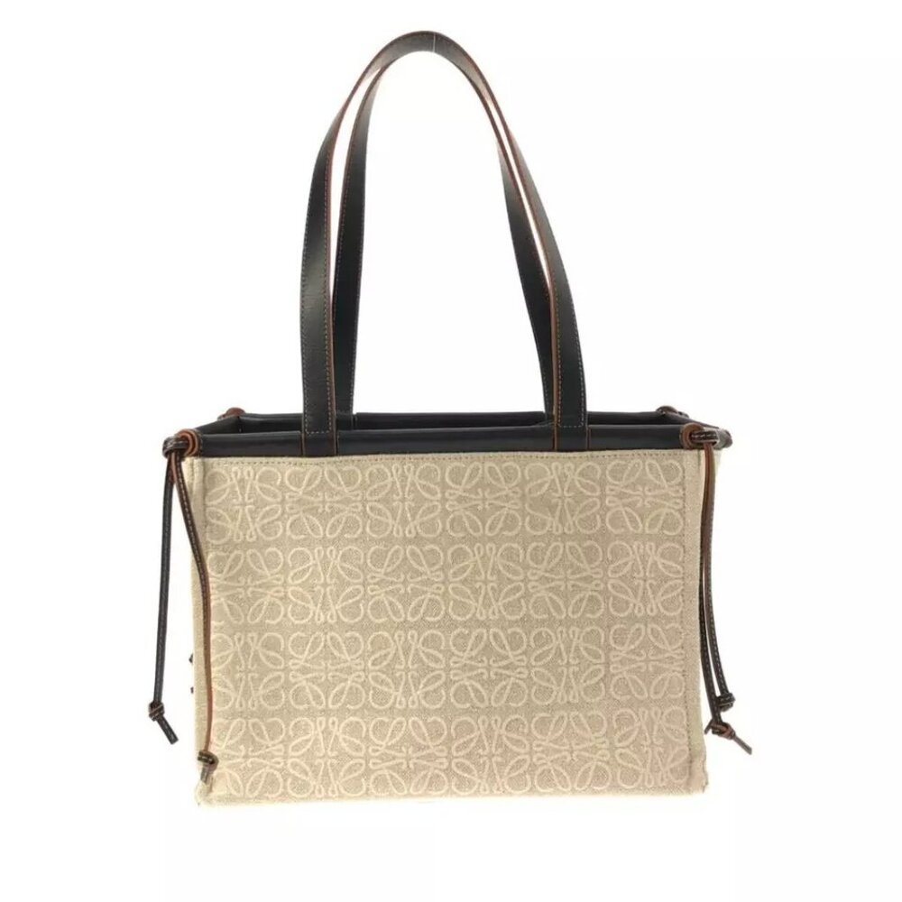 Auth LOEWE Cushion Tote Cream Black Jacquard Leather Tote Bag
